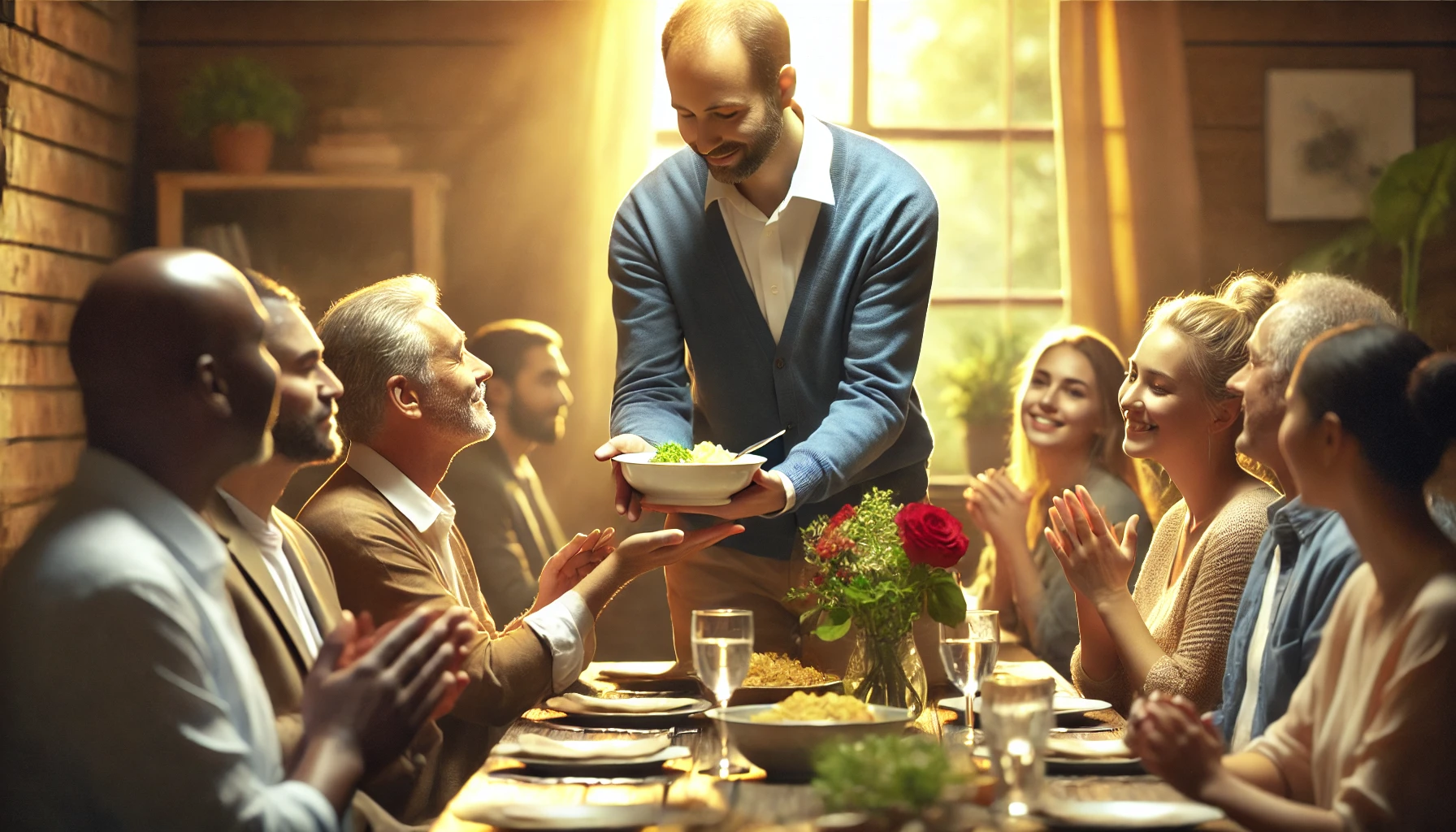 A serene scene of a man humbly serving others at a table.