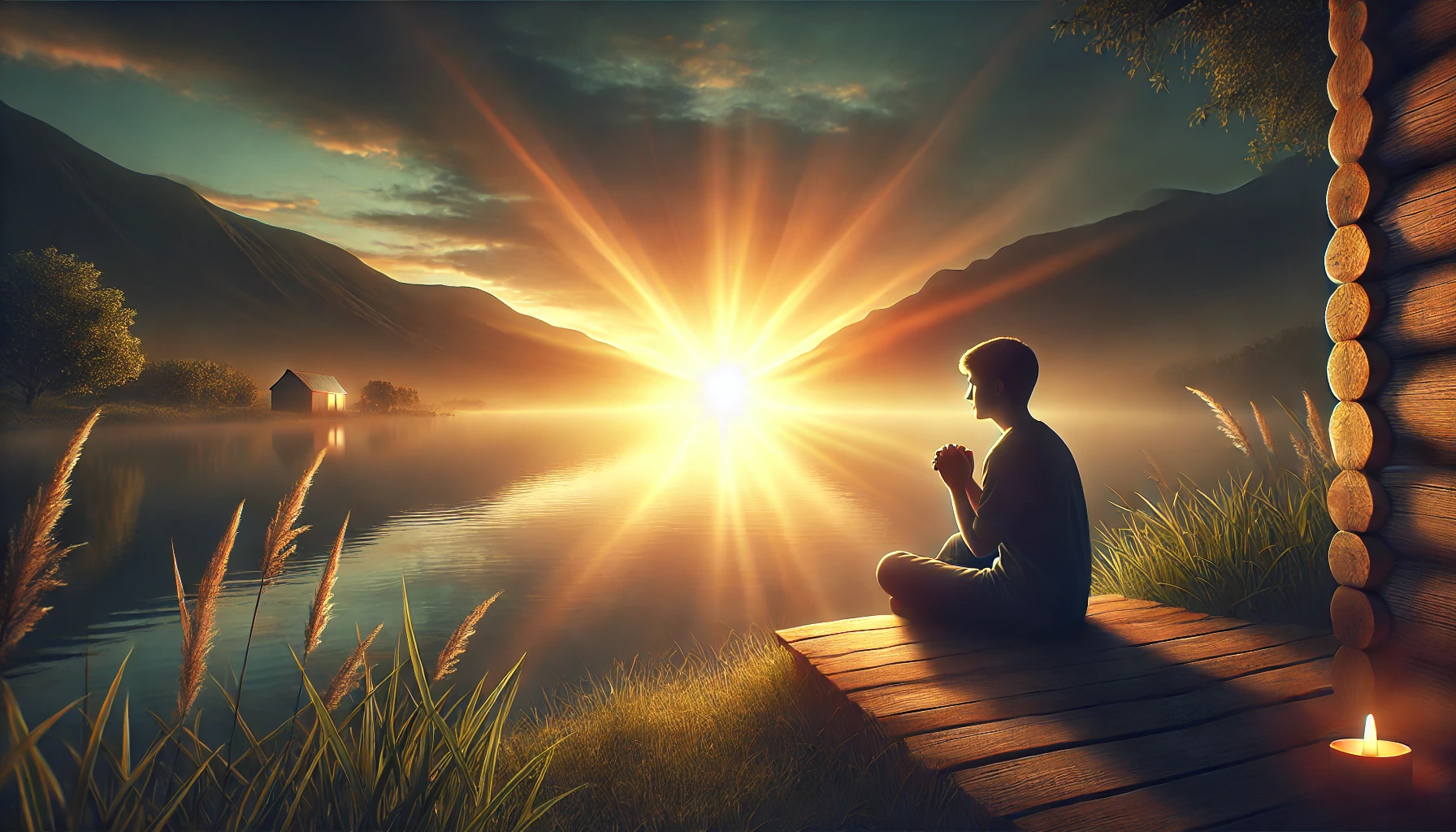 A serene scene of a young person sitting by a calm lake at sunrise.