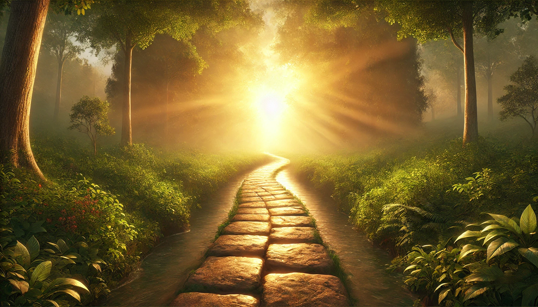 A single narrow stone pathway illuminated by soft golden light.