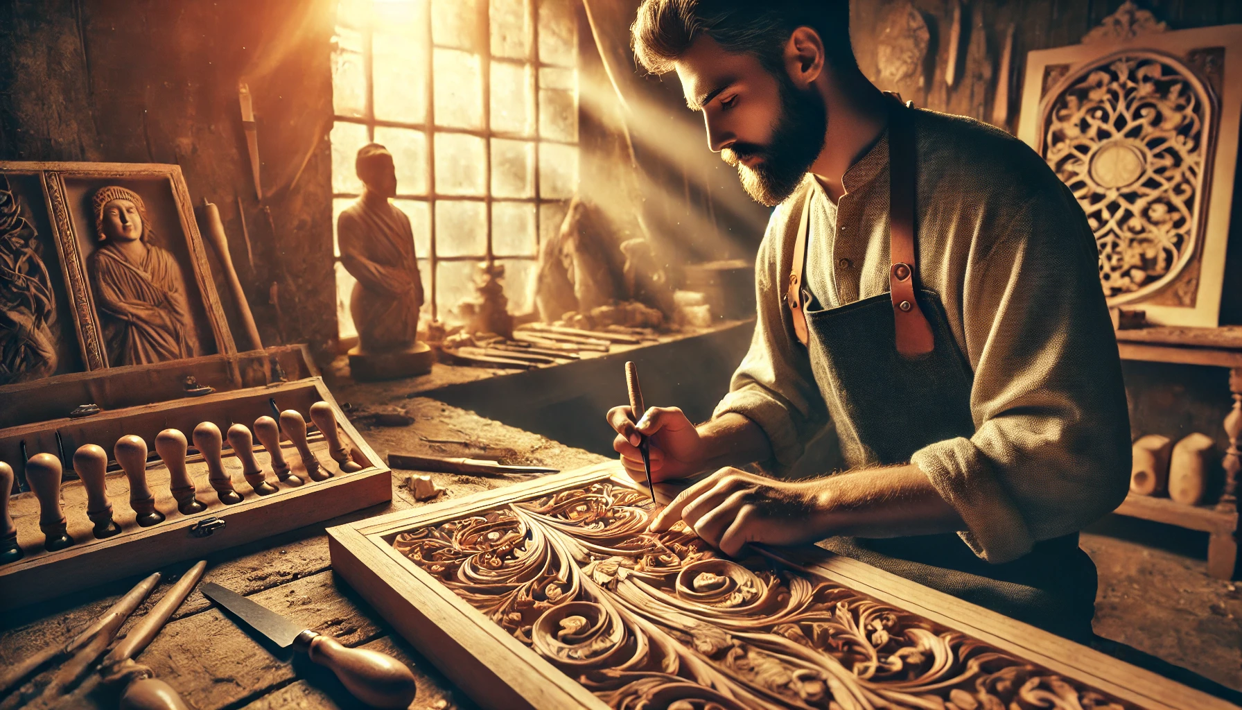 A skilled artisan carving intricate patterns on a piece of wood.