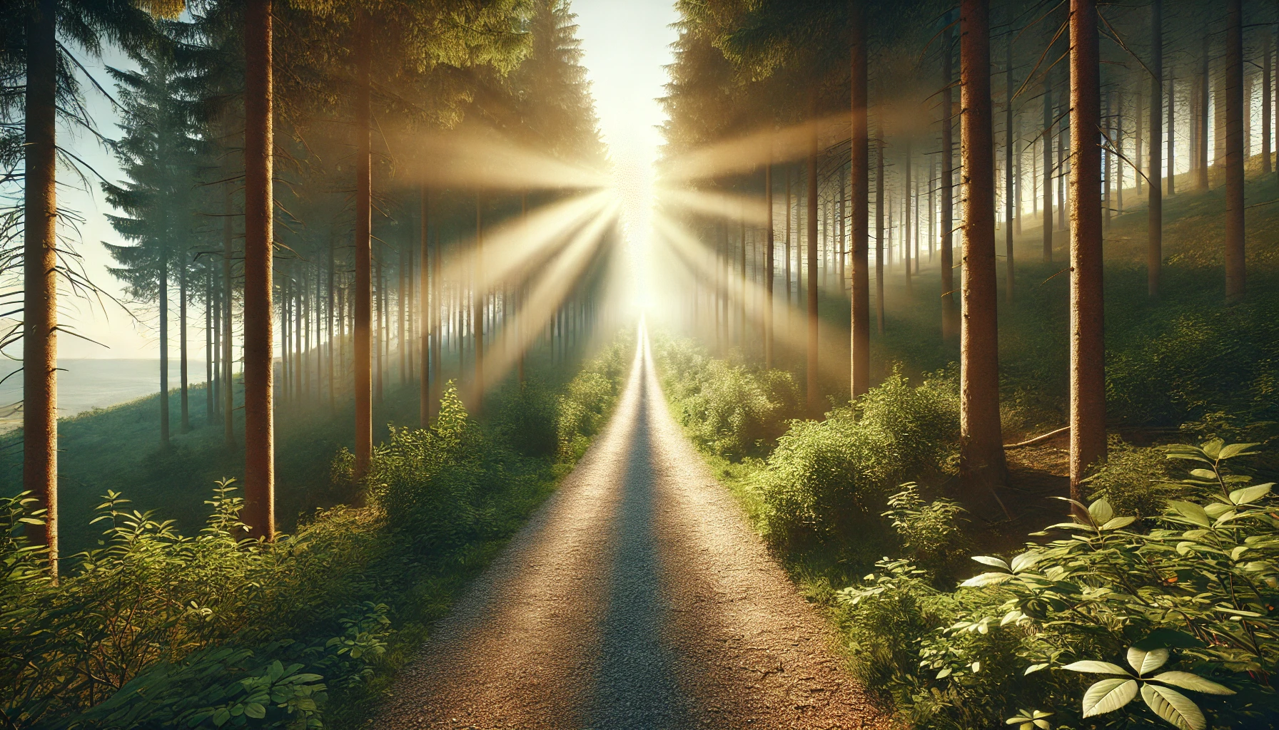 A straight, sunlit path through a dense forest.