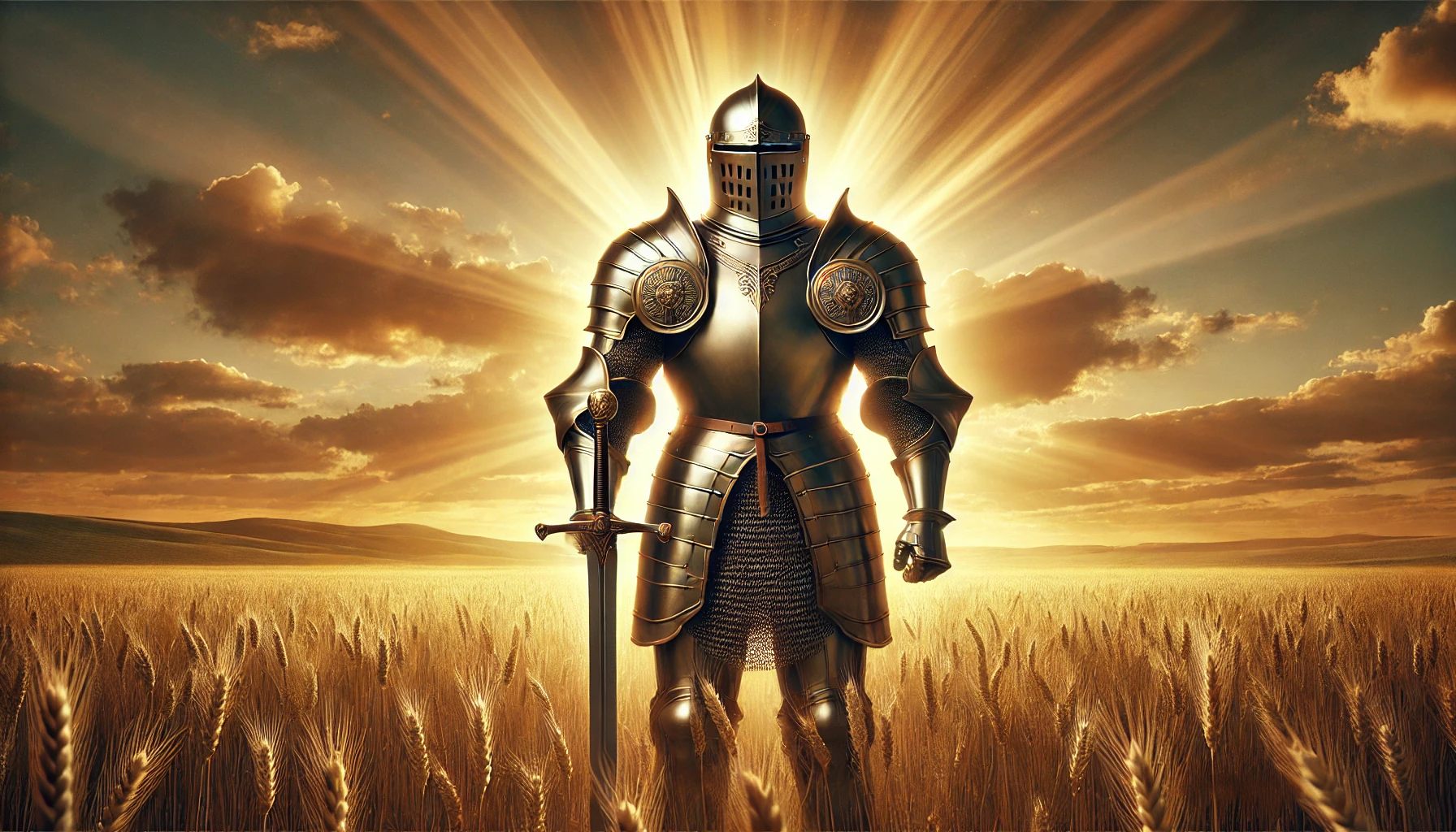 A strong and gleaming suit of medieval armor standing upright in a golden field at sunrise.