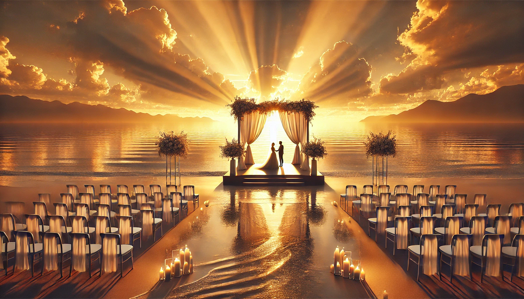 A sunset wedding scene on a beach, with golden-orange hues reflecting on the water.