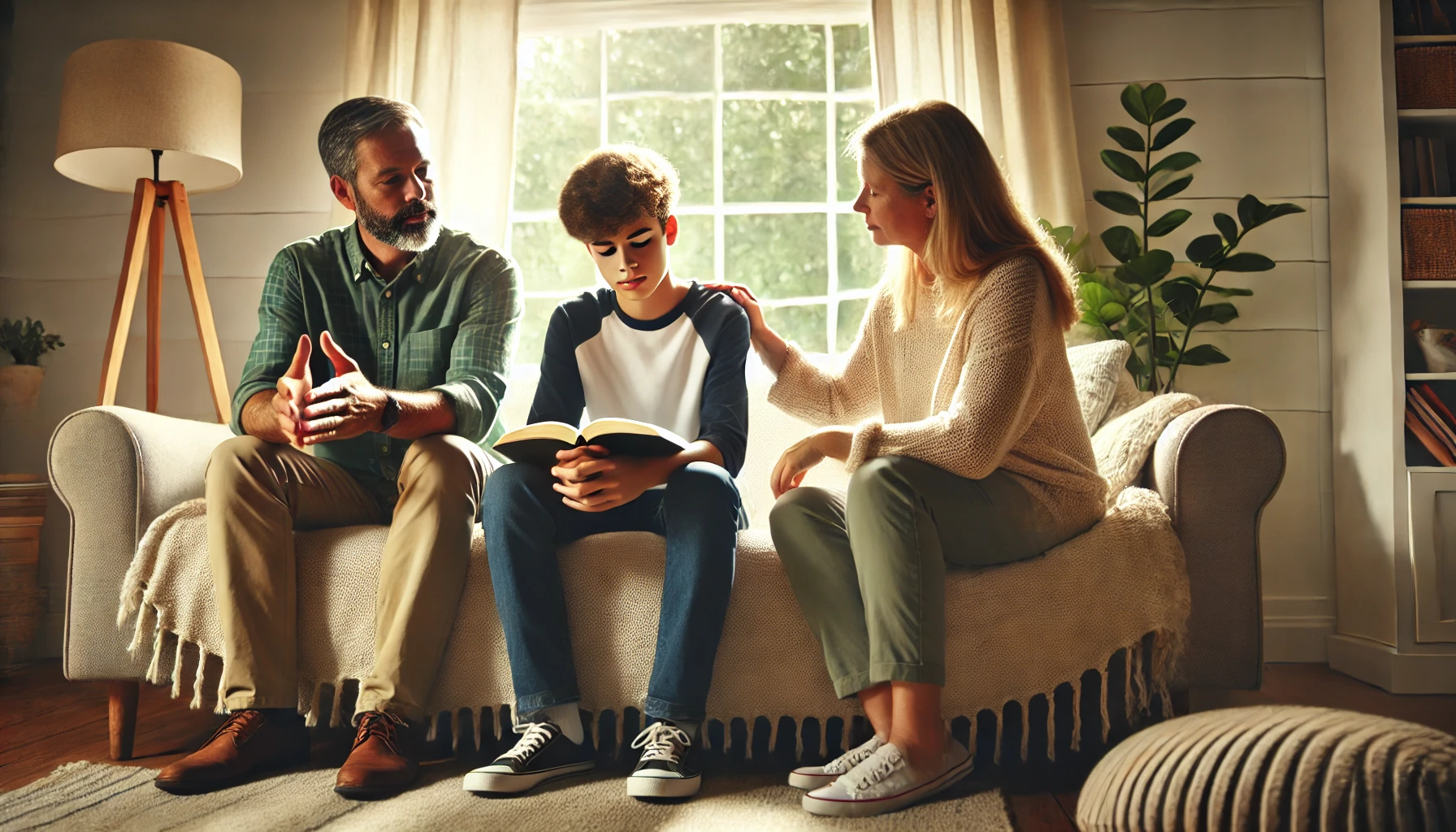 A teenager sitting on a cozy living room couch with both parents nearby.