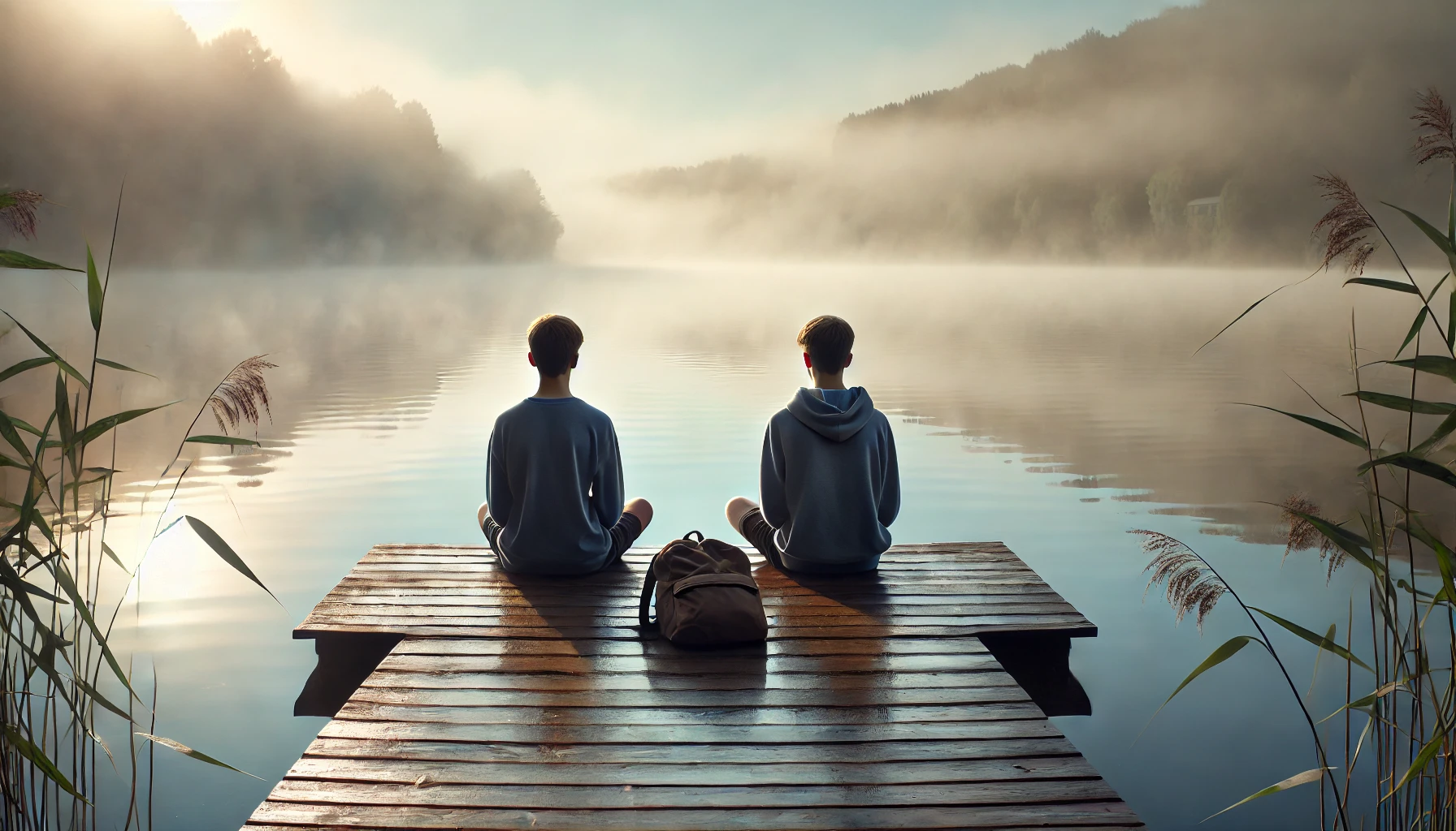 Teenagers sitting peacefully on a wooden dock by a calm lake, surrounded by gentle mist.