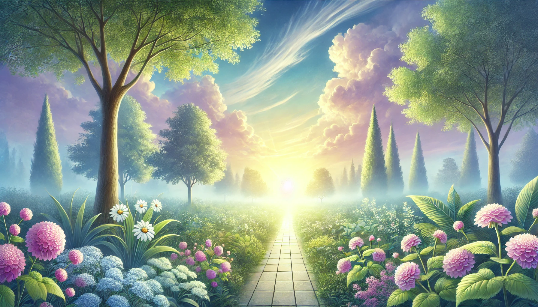 A tranquil and lush garden scene with a path leading to a beautiful sunrise.