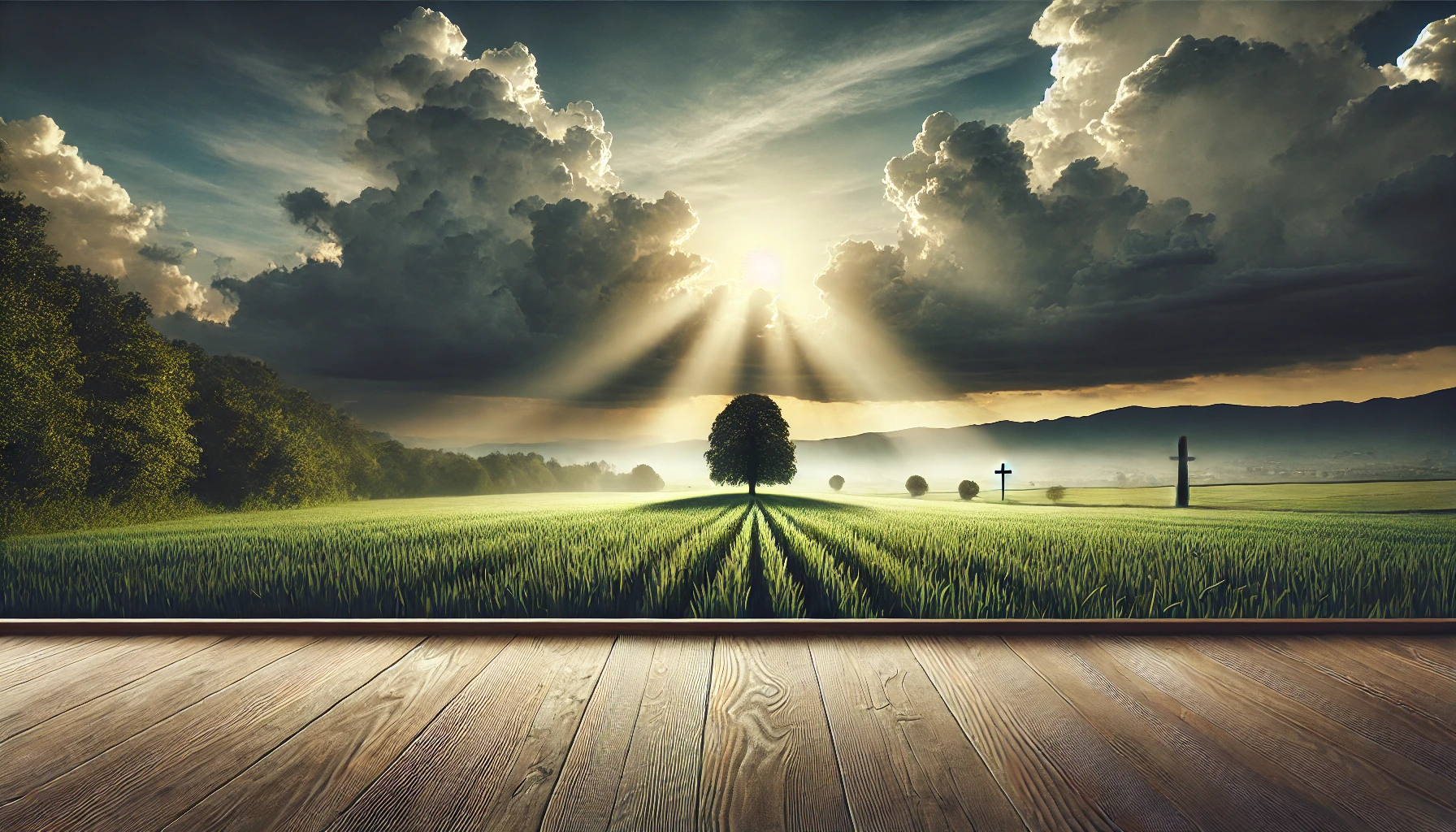 A tranquil field under a cloudy sky, with sunlight breaking through the clouds and illuminating the landscape.