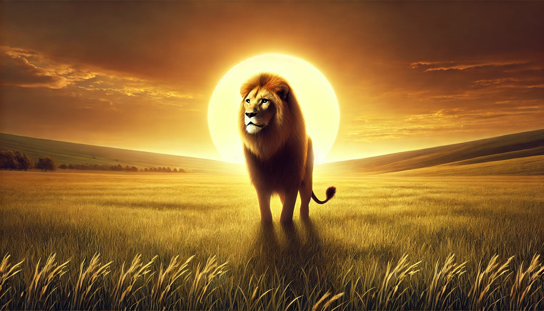 A tranquil field with a strong, bold lion standing confidently under a golden sunset.