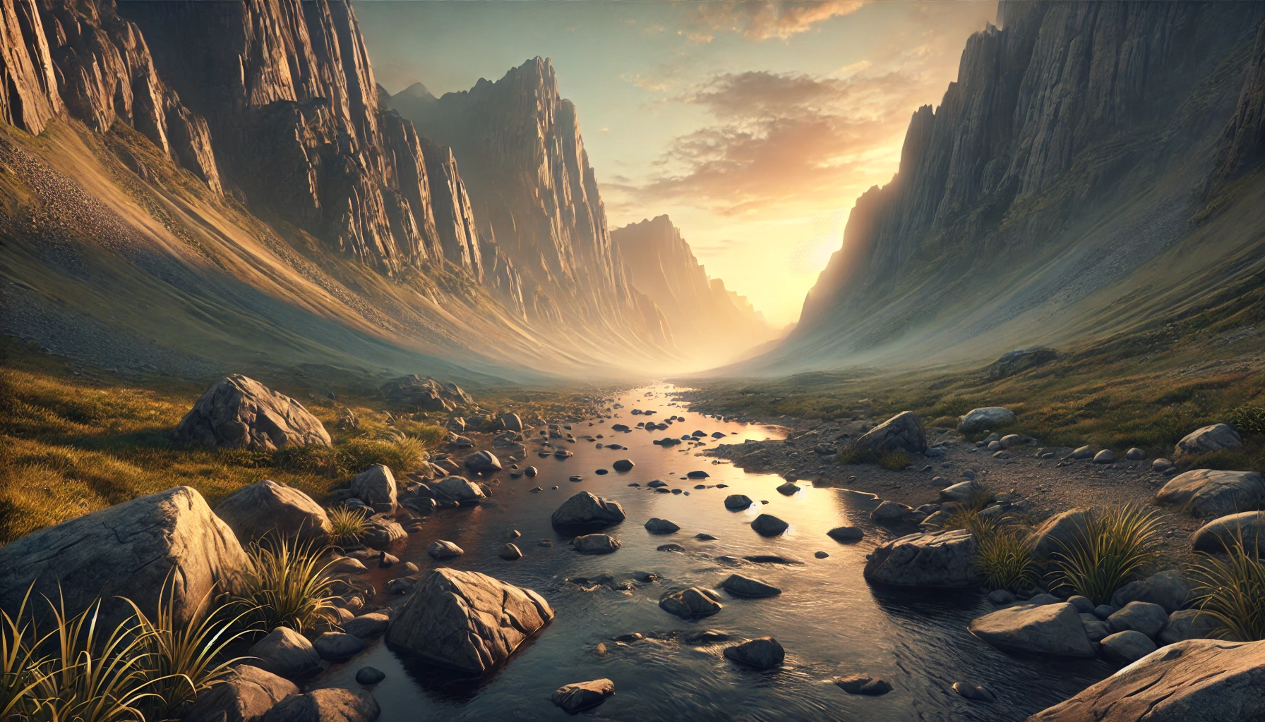 A tranquil river running through a rocky valley.