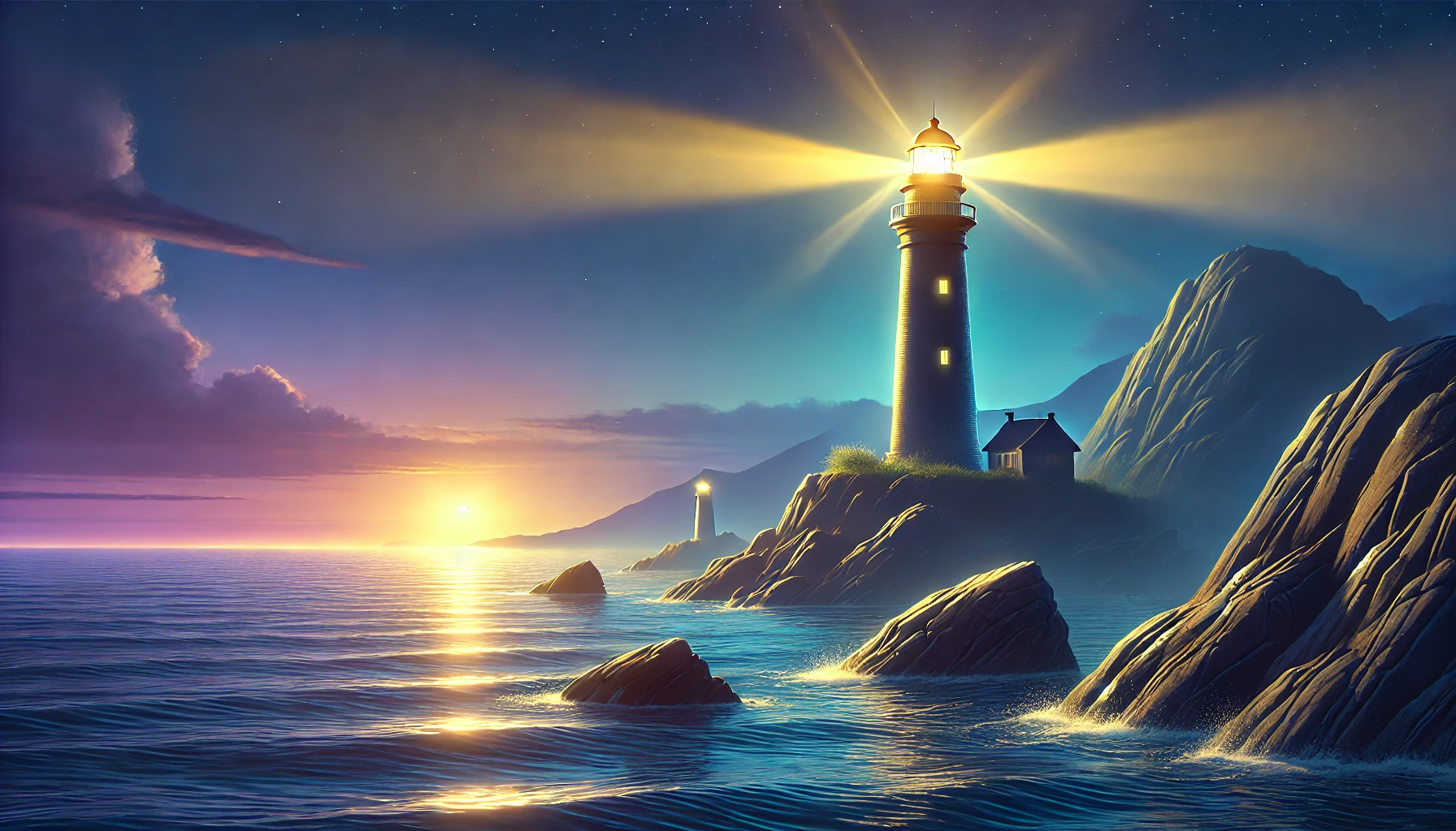 A tranquil scene at twilight with a bright lighthouse standing on rocky cliffs overlooking a calm sea.