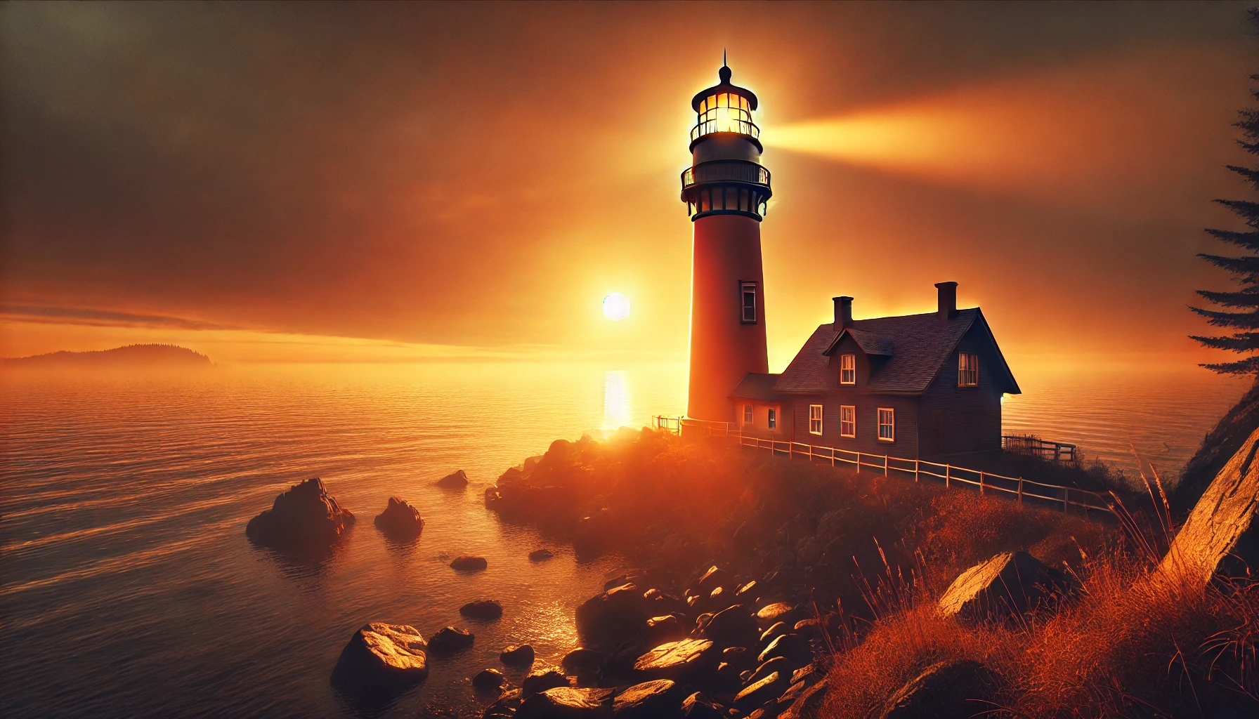 A tranquil scene showing a sturdy lighthouse on a rocky shore.