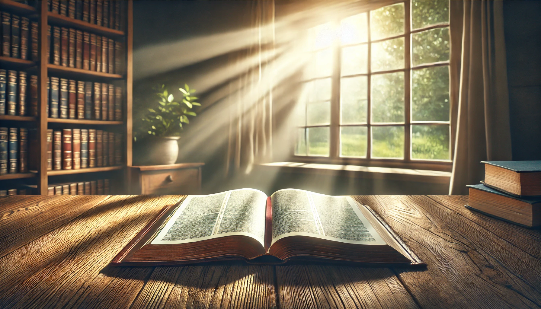 A vast open Bible on a wooden table by a sunny window.