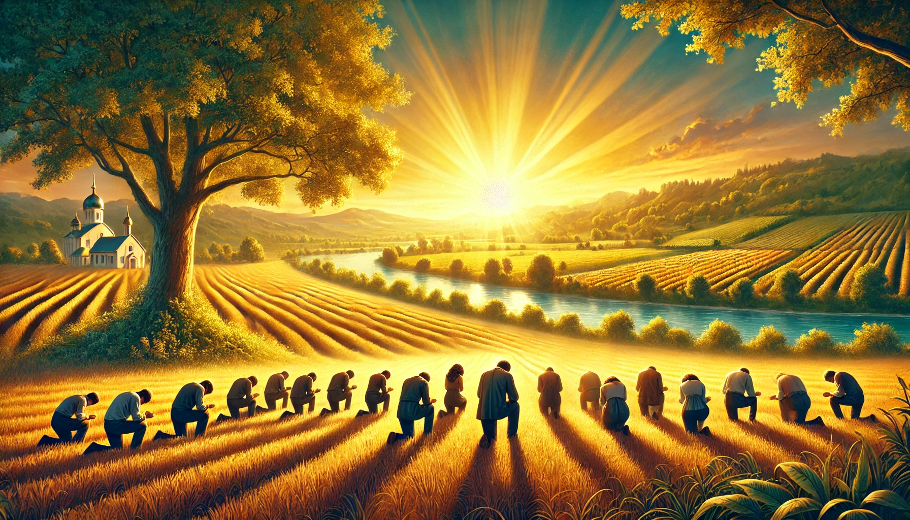 A vibrant and peaceful countryside with golden light shining over a field.