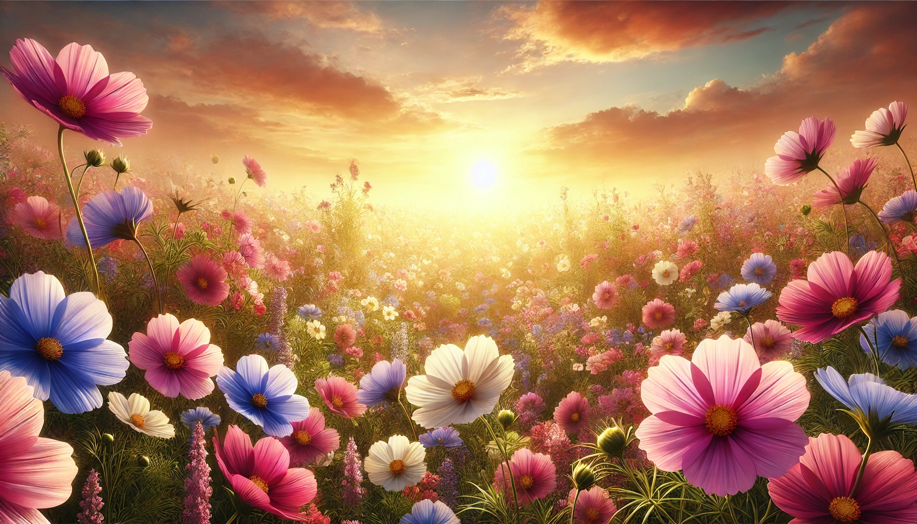 A vibrant meadow filled with a variety of blooming wildflowers under a soft, golden sunset.