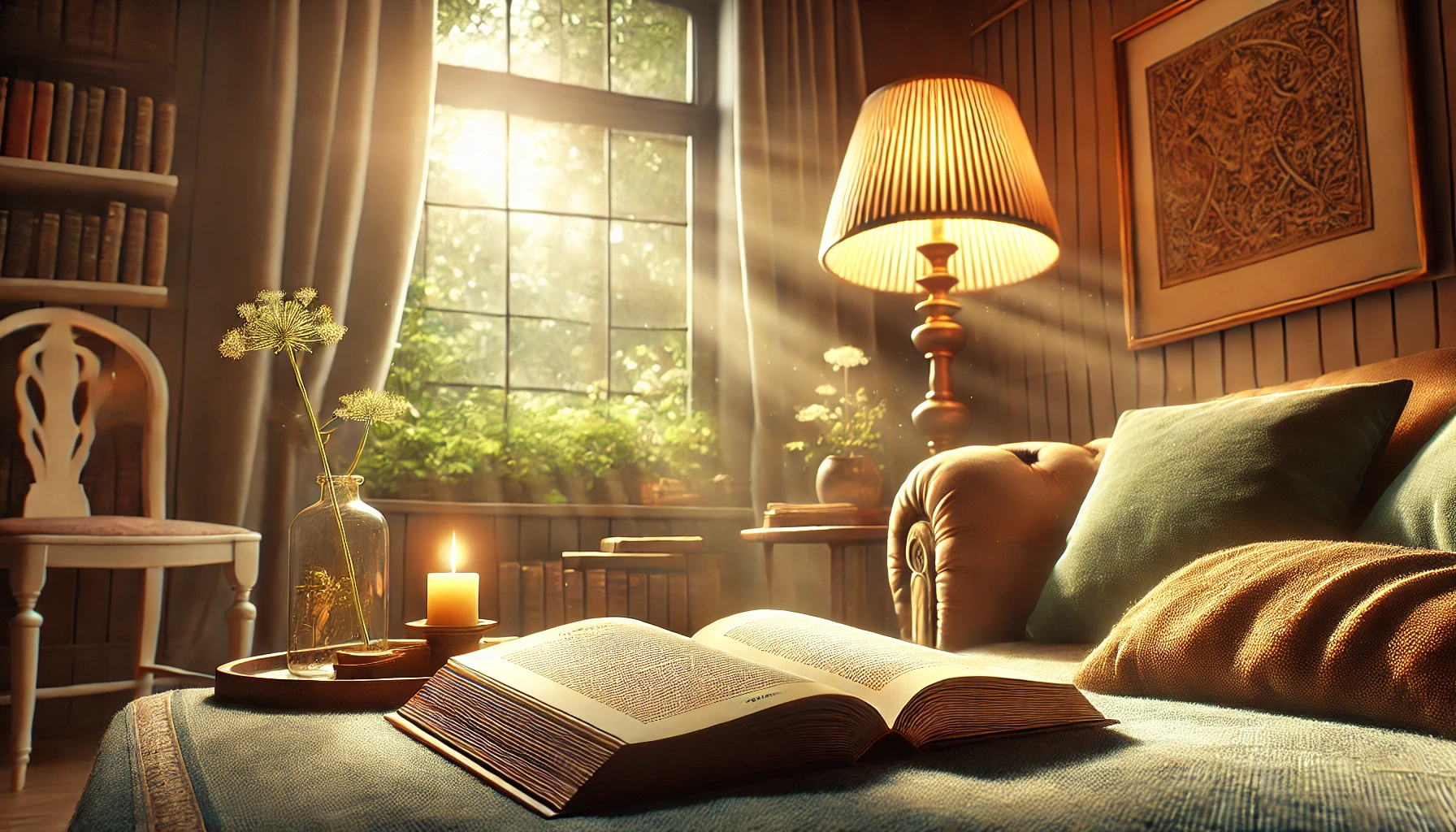 A warm and tranquil study room with a glowing lamp illuminating an open book.