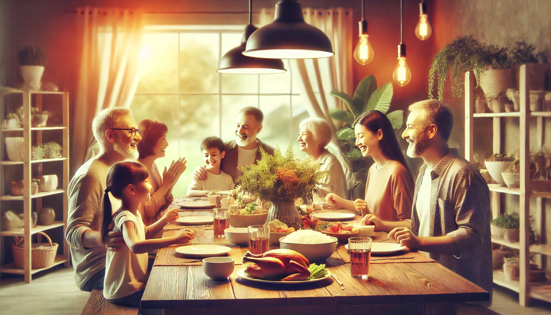 A warm and welcoming family dinner scene.