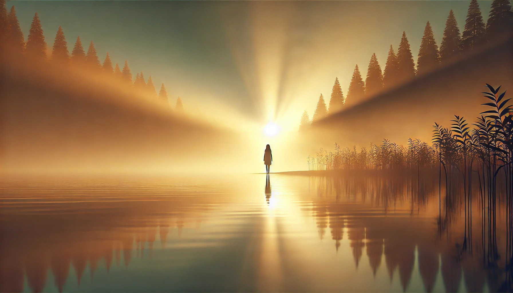 A woman standing at the edge of a calm lake at dawn.