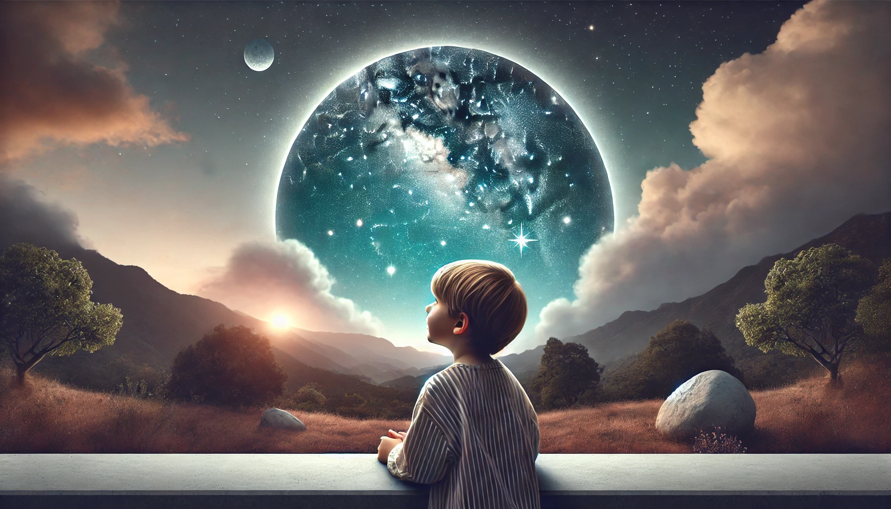 A young child gazing at the night sky filled with stars, representing heavenly things.