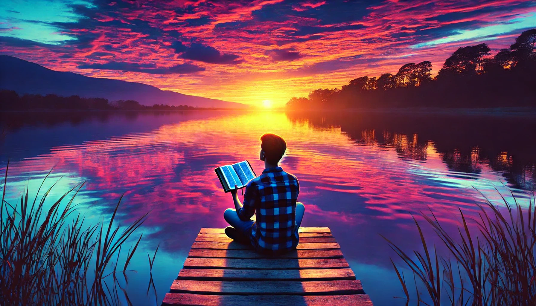 A young person sitting on a dock over a calm lake, gazing at a colorful sunset.