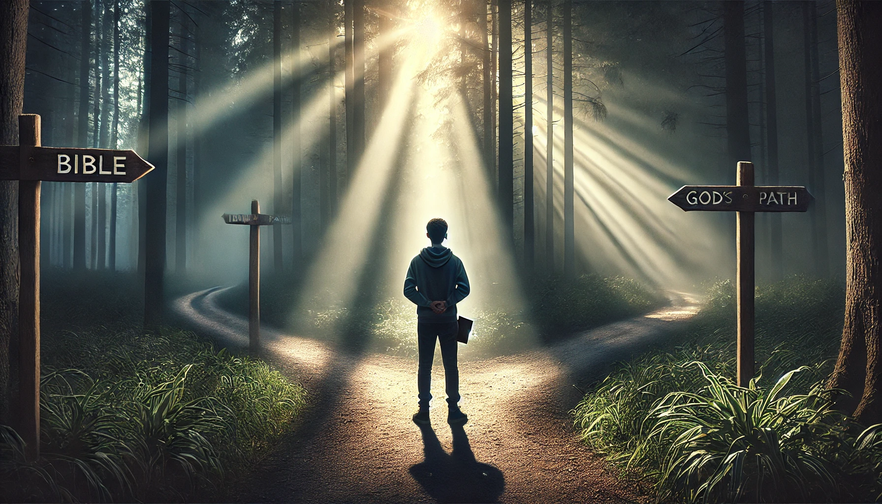 A young person standing at a crossroads in a dense forest, sunlight filtering through the trees.