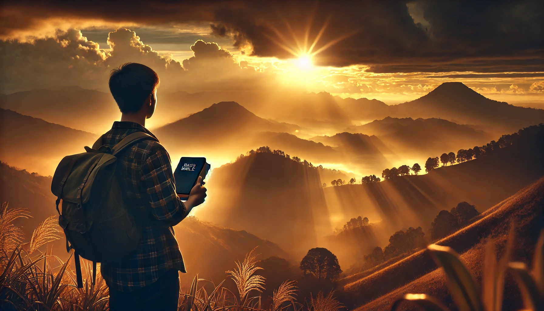 A young person standing on a hilltop at sunrise, holding an open Bible close to their chest.