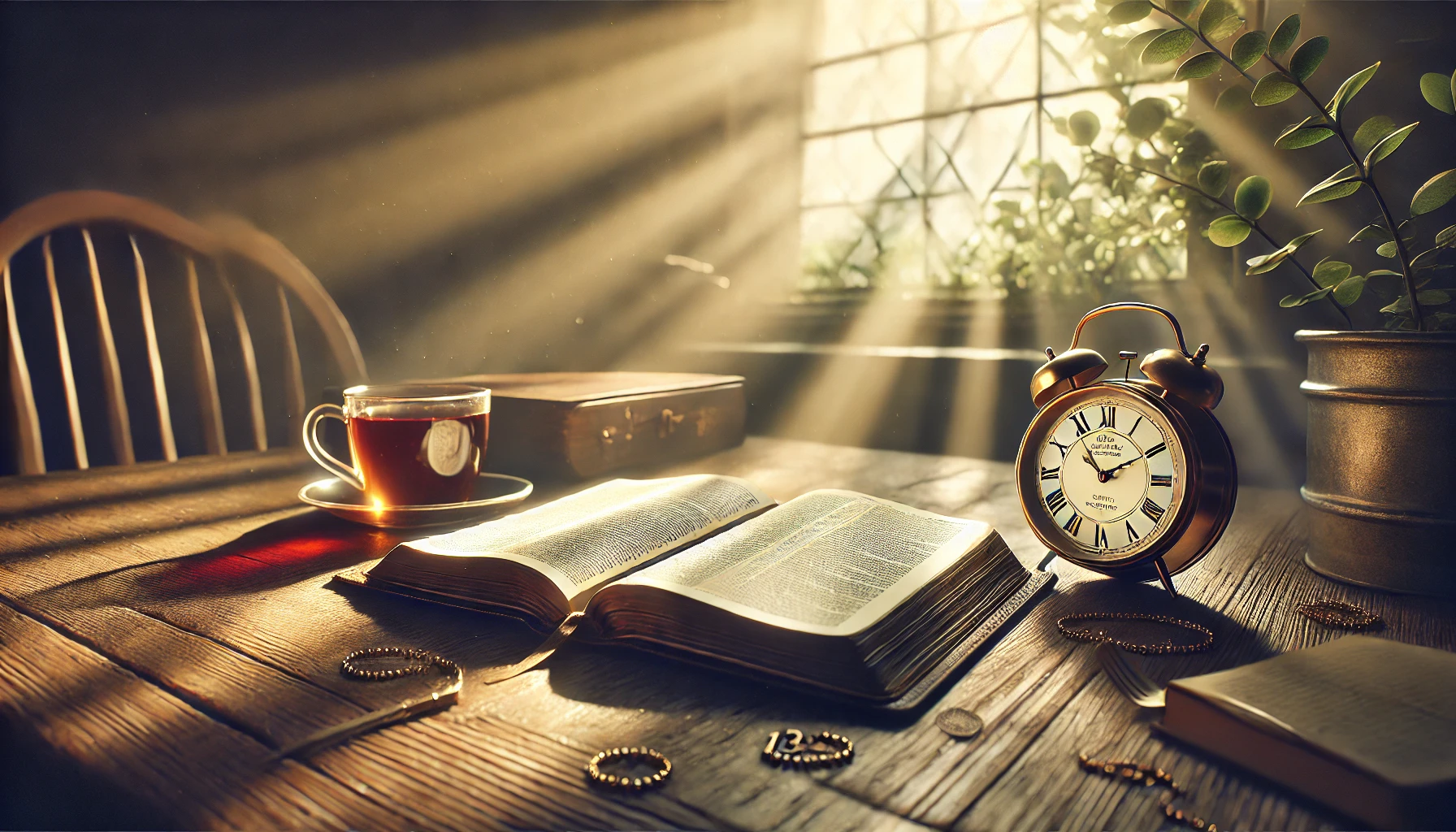 An open Bible on a table with a cup of tea beside it.