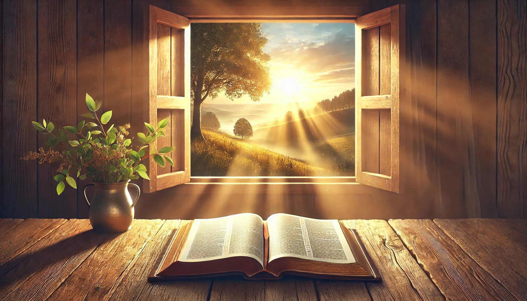 An open Bible on a wooden table with golden light streaming through a nearby window.