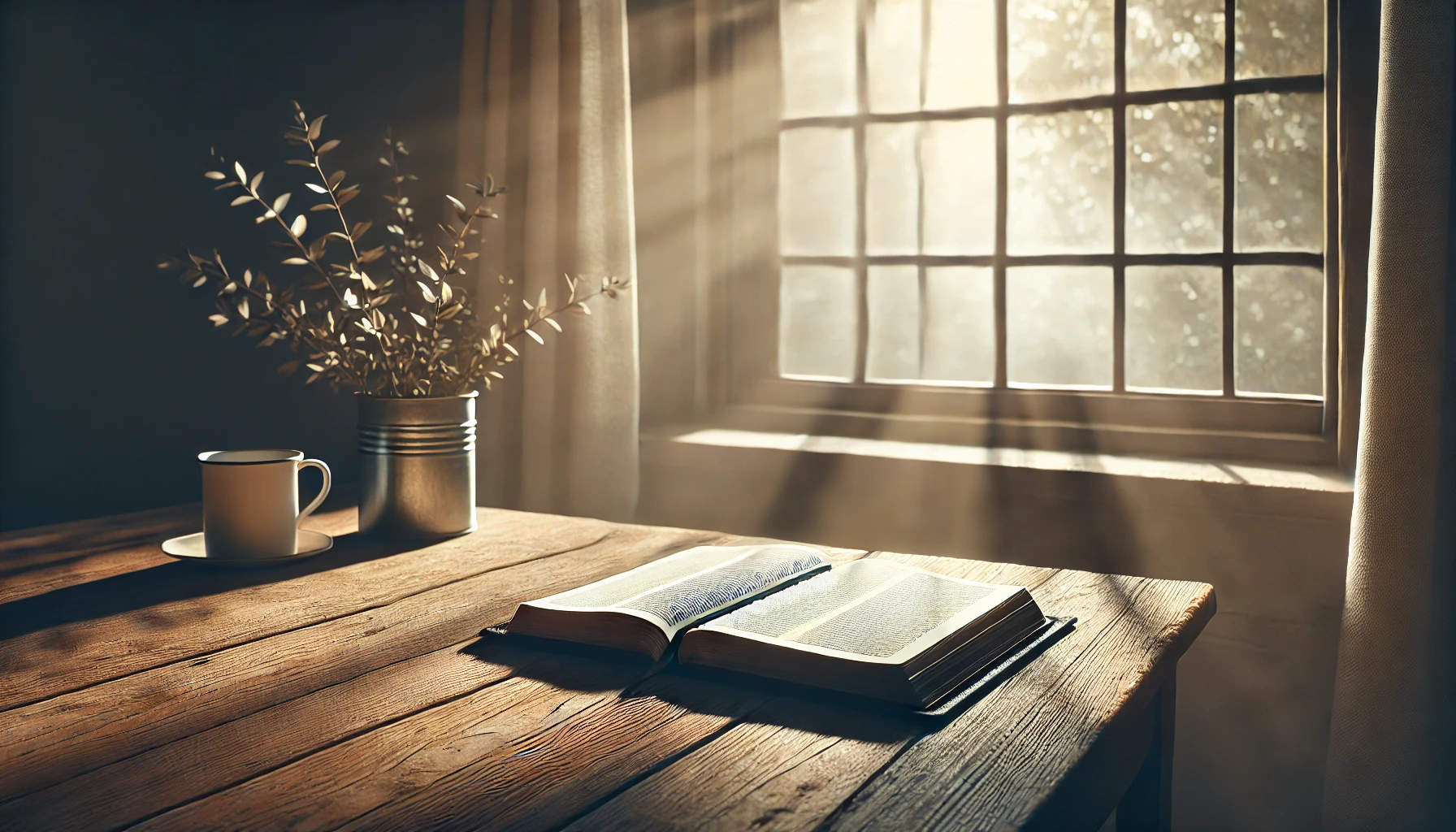 An open Bible placed on a simple wooden table by a window, with soft sunlight streaming in.