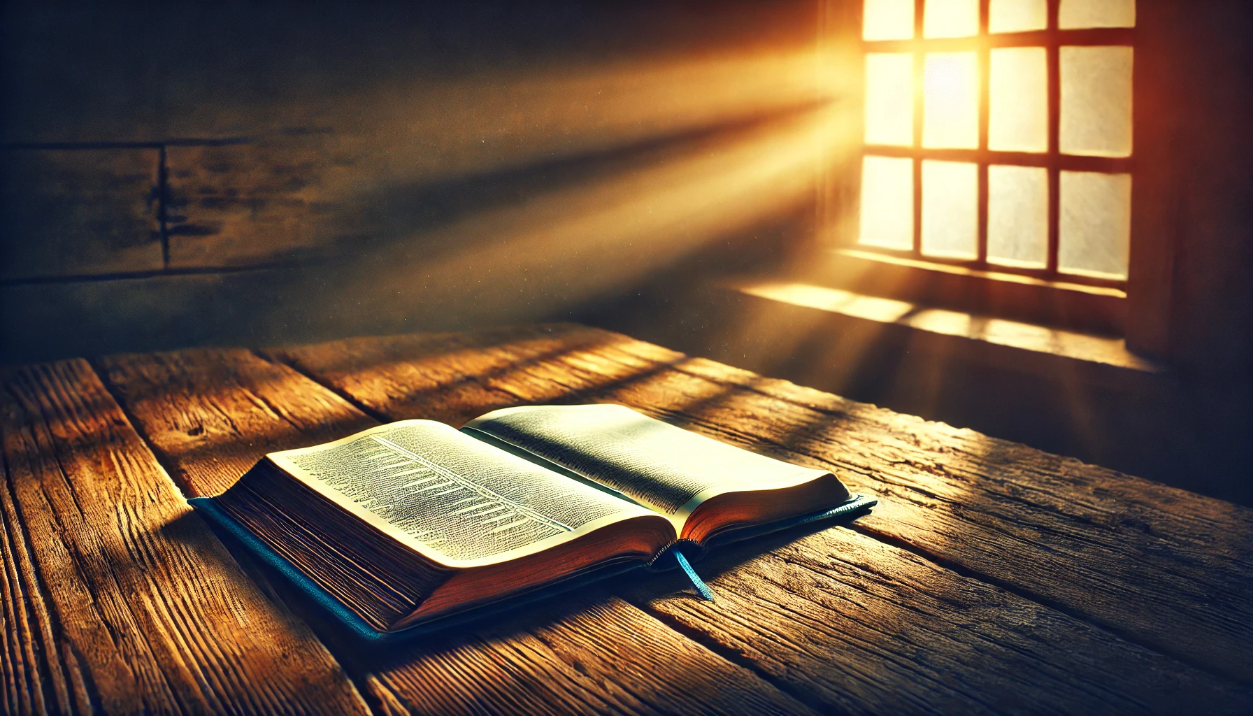 An open Bible resting on a rustic wooden table, bathed in warm sunlight streaming through a nearby window.