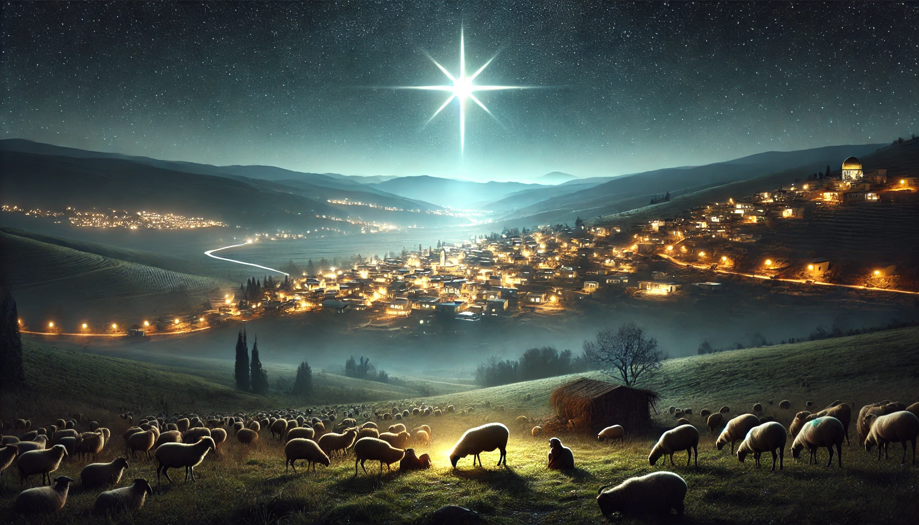 Bethlehem at night during the Christmas season, with a bright star shining prominently above.