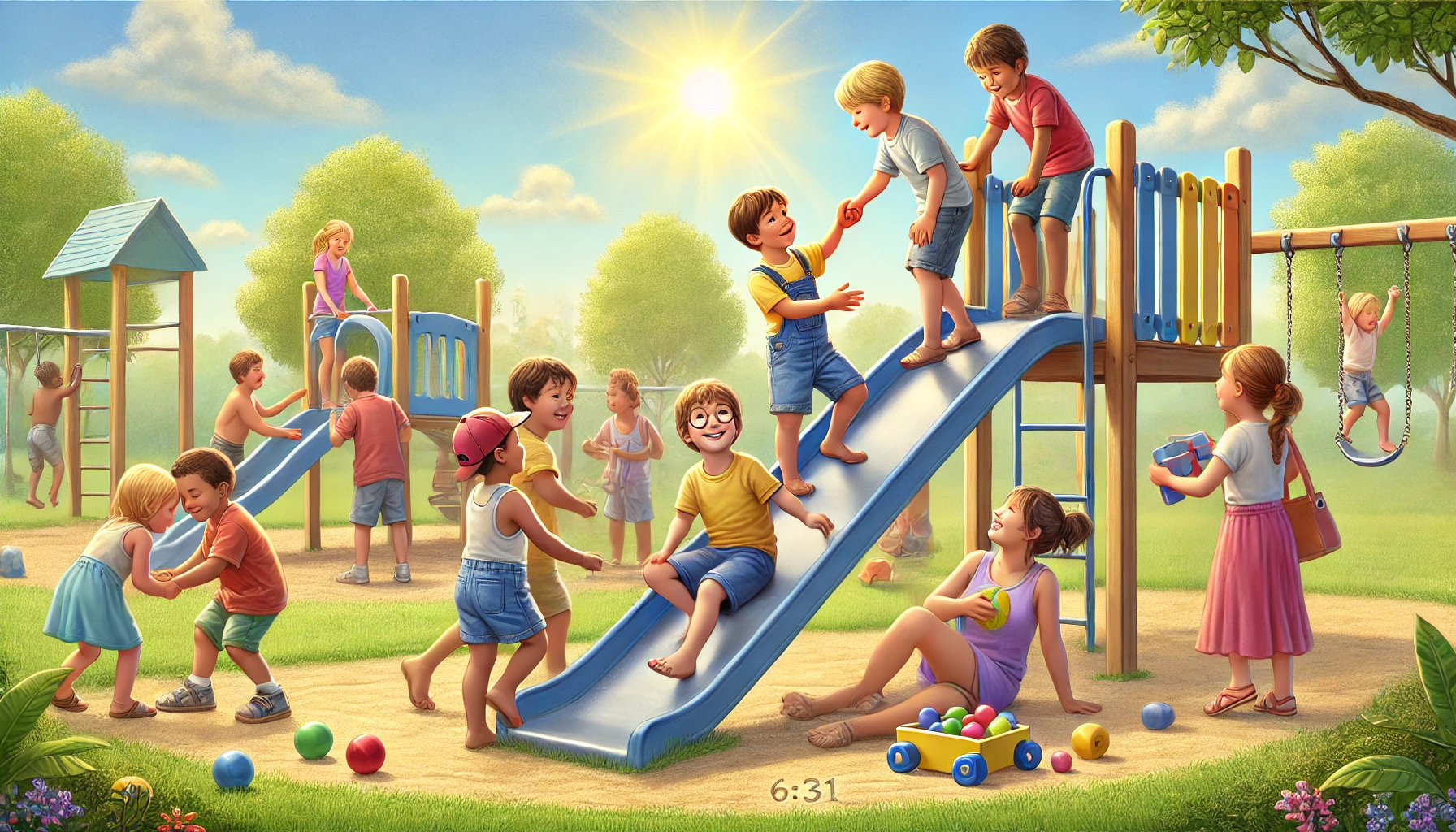 Children in a park helping each other on a playground.