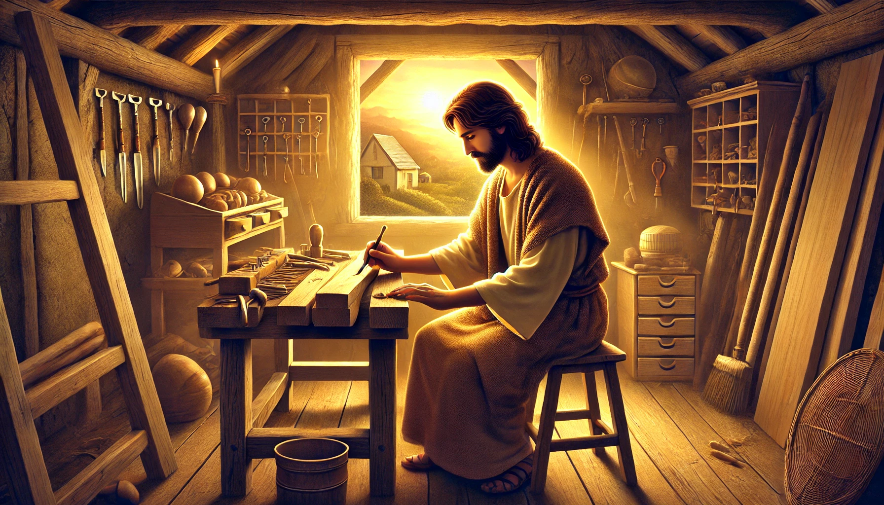 Depict Jesus in humble human form as a carpenter.