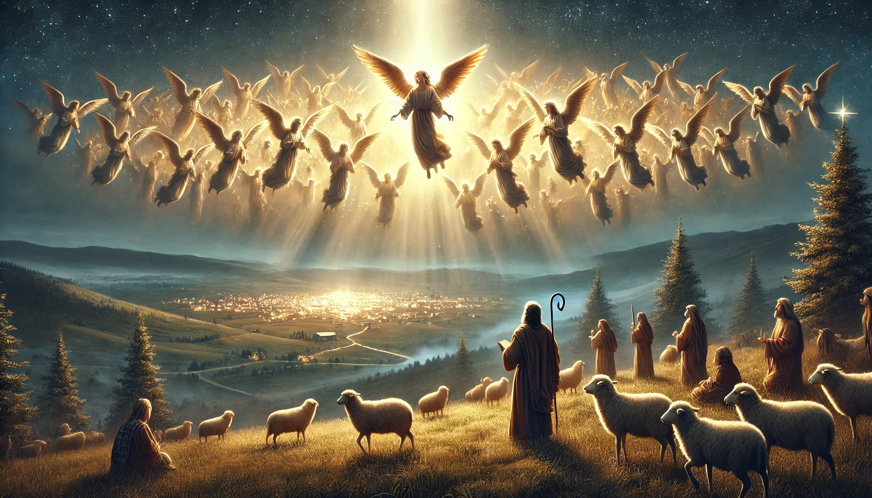 Depict the angelic proclamation at night over Bethlehem.