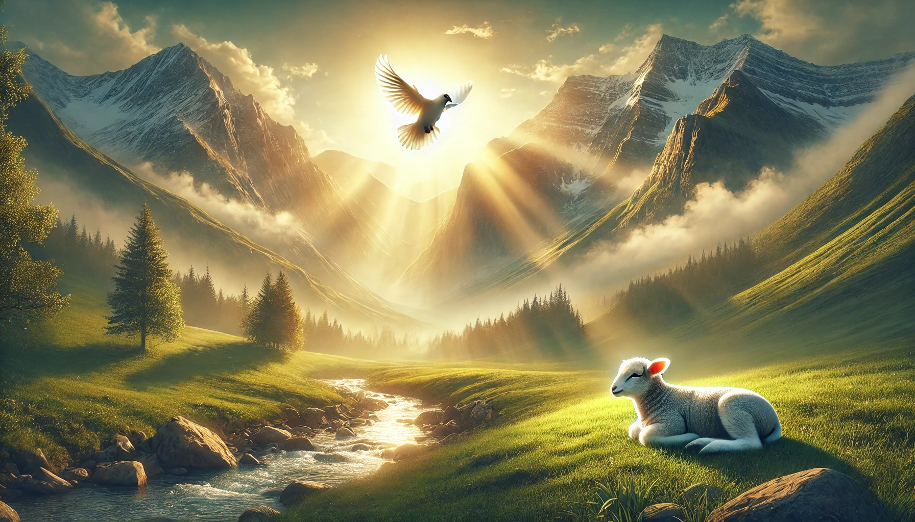 Golden sunlight filtering through a mountain valley, a dove soaring above, and a laying lamb