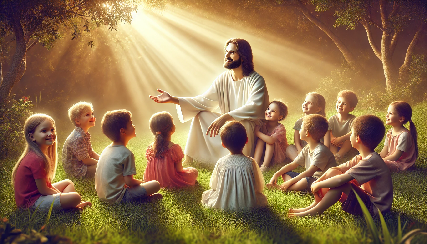 Jesus sitting in a peaceful meadow surrounded by joyful children.