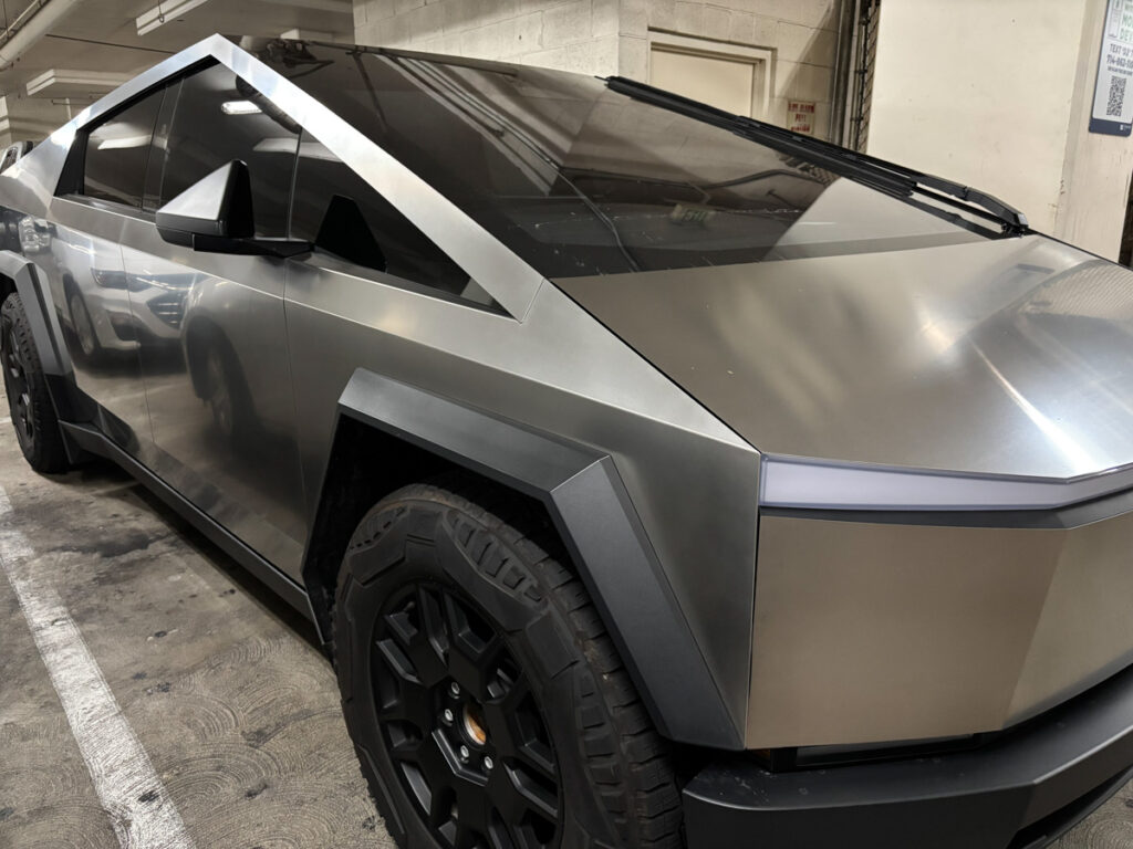 Tesla Cyberstuck in a parking garage.