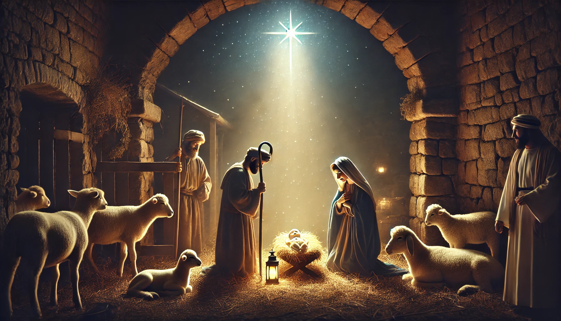 The nativity scene with the shepherds visiting Mary, Joseph, and baby Jesus in the stable.