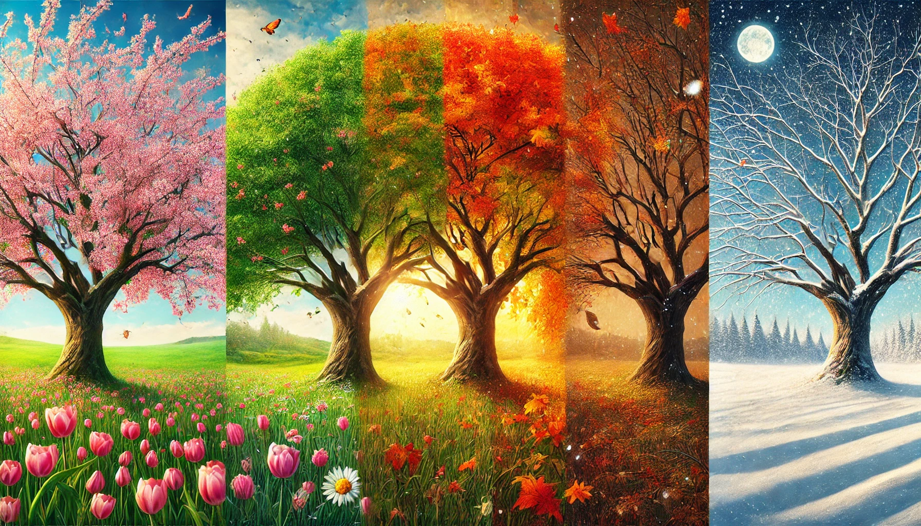 Trees in four distinct seasons.