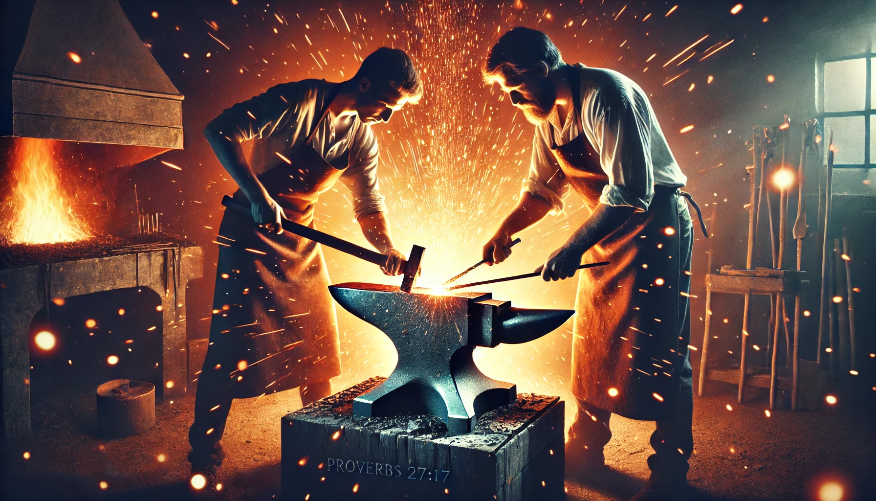 Two blacksmiths working together in a forge, with sparks flying as they sharpen tools on an anvil.