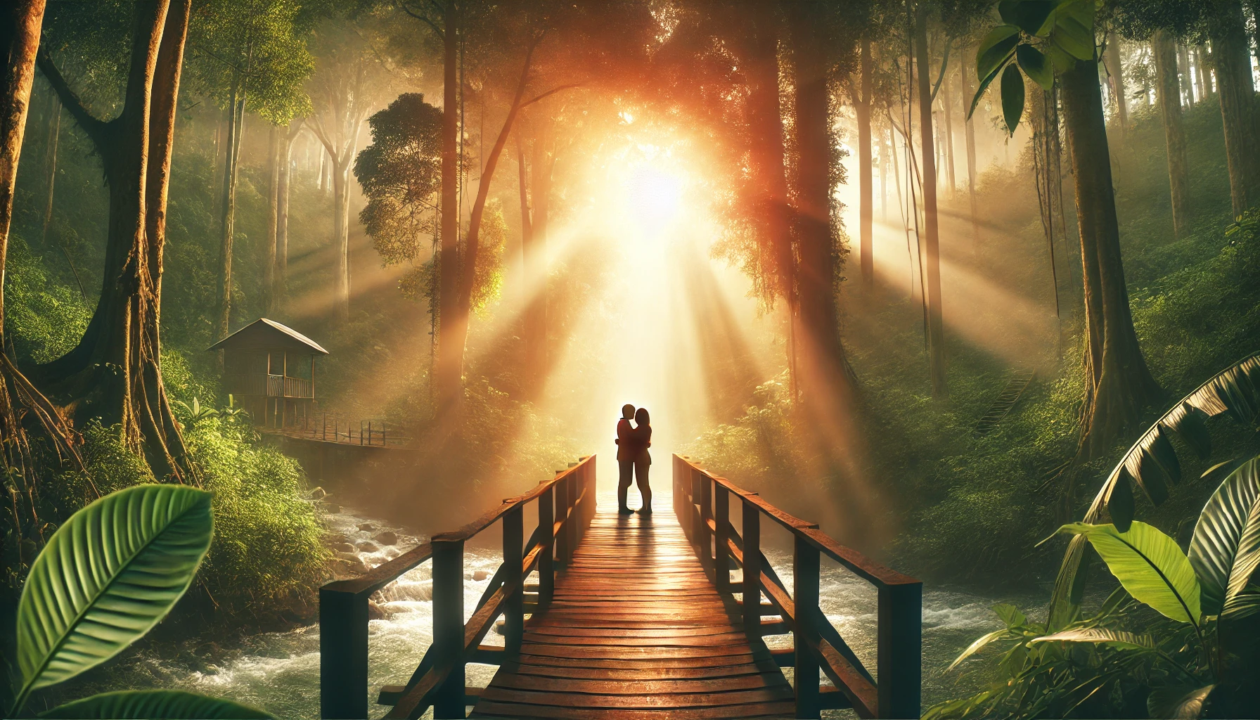 Two people standing on a wooden bridge in a lush forest, embracing with warm light filtering through the trees.