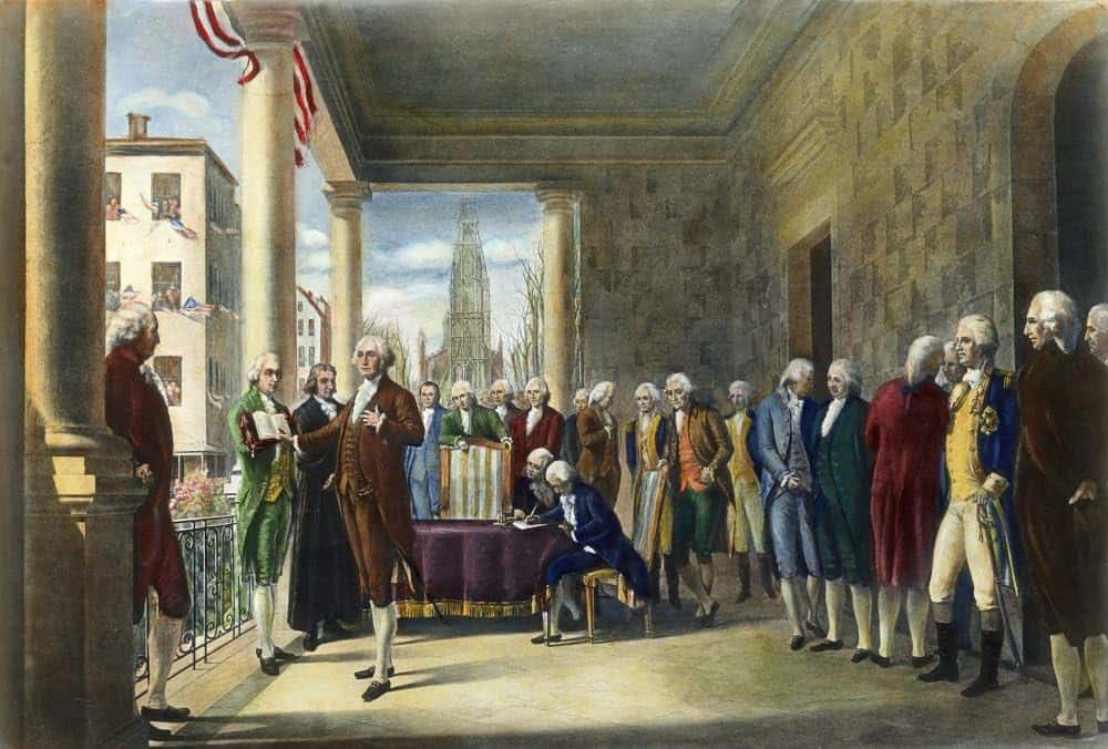 Oil painting of George Washington's inauguration as the first President of the United States which took place on April 30, 1789.