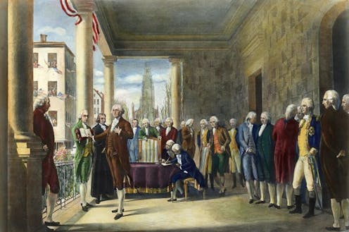 An oil painting of George Washington taking the oath of office as the first president of the United States on April 30, 1789, in New York City.