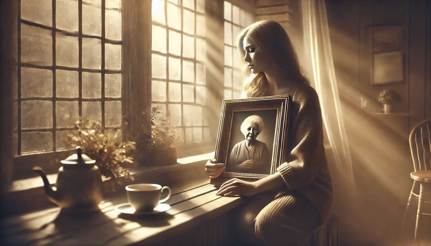 A photorealistic image of a grieving woman sitting by a window, holding a framed picture of her late mother. Soft sunlight streams through the window