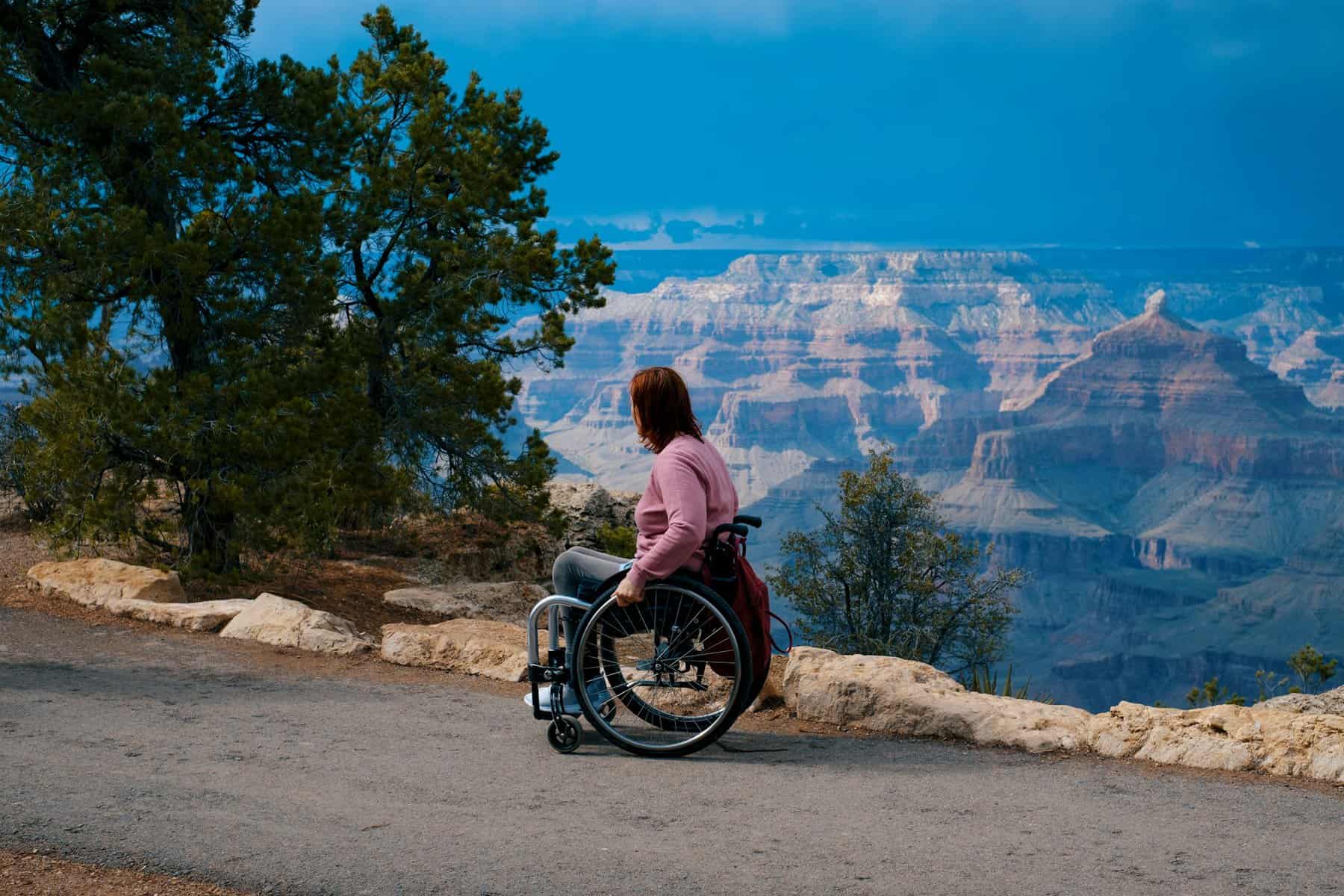 A woman at a canyon in a wheel chair.