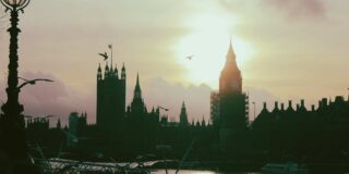 Downtown London at sunset.