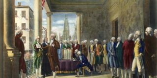 Oil painting of George Washington's inauguration as the first President of the United States which took place on April 30, 1789.