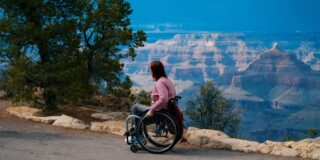 A woman at a canyon in a wheel chair.