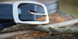 In a close up, the silver buckle of a black leather belt sits on a couple twigs, one with a pruning cut. All items sit on old weathered concrete.