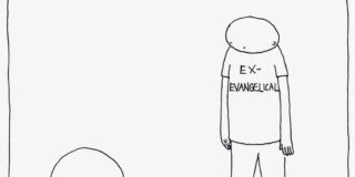 A simple line cartoon shows an ex-vangelical person chained at the ankle to a huge ball labeled evangelical.