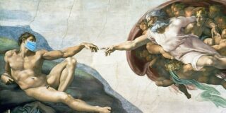 The creation of Adam Fresco in the Sistine Chapel is shown with Adam wearing a surgical mask.